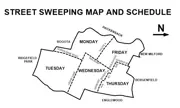 A map of the zones for street sweeping and they days those zones are scheduled for. The information depicted can be found on the table below the image.